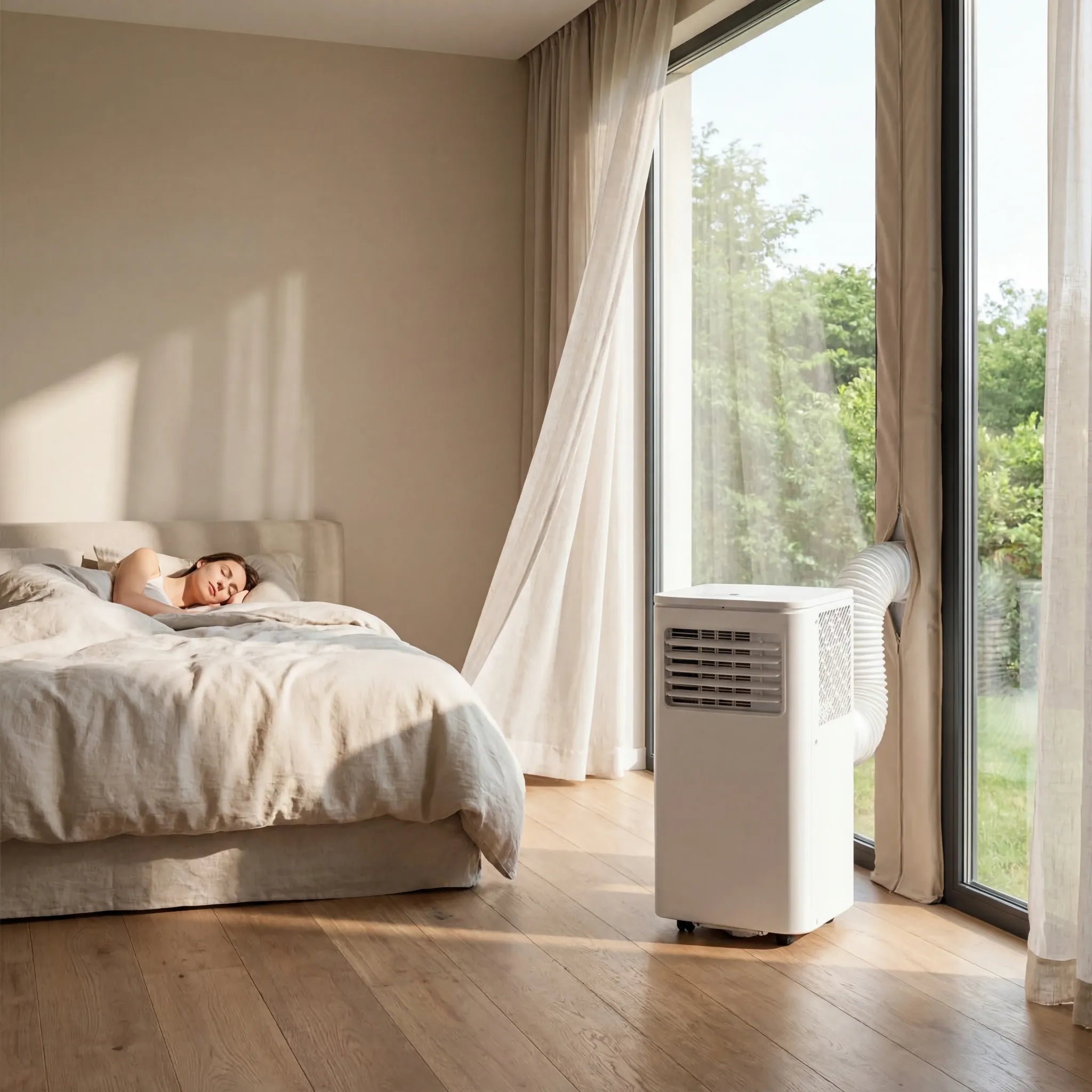 Portable air conditioner in a bright bedroom